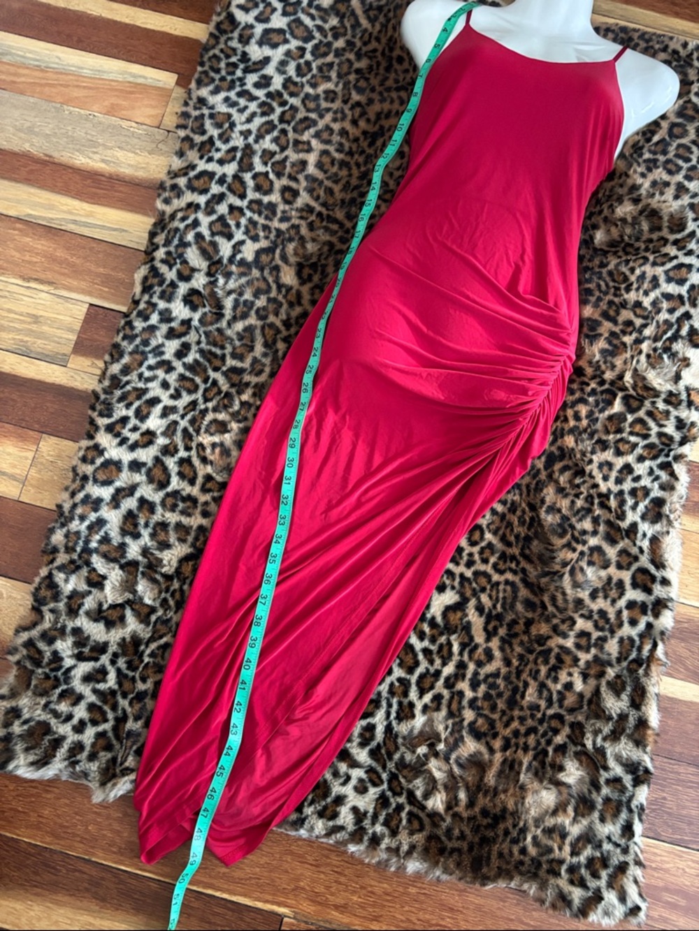 Red Asymmetrical Ruched Slip Dress - Picture 6 of 7